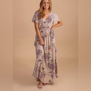 NWT Bella Beige and Purple Floral Maxi Dress size L
